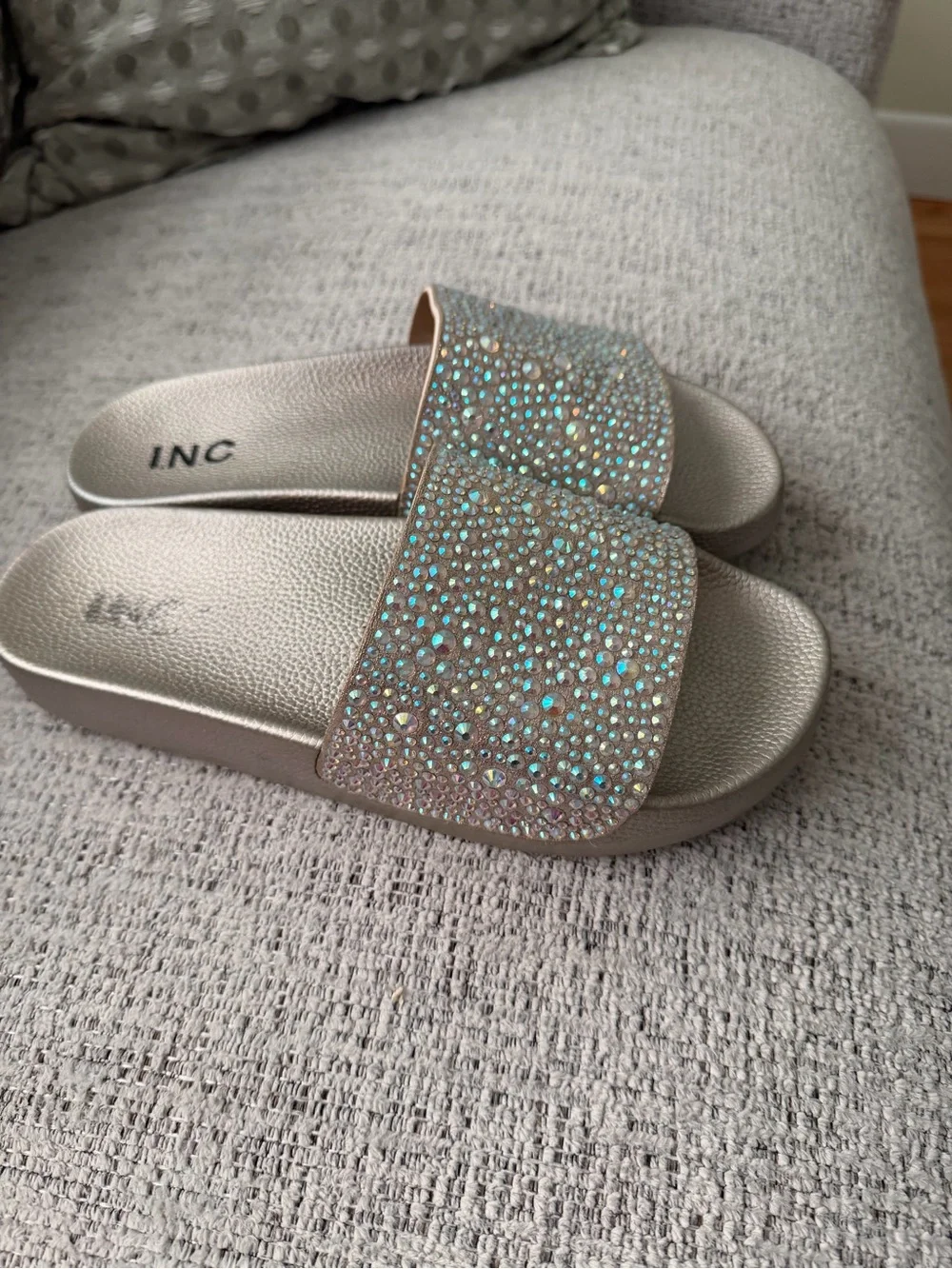 INC International Concepts Metallic Taupe Slide Sandals with Iridescent Crystals